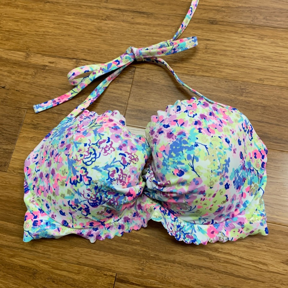 Victoria's Secret Getaway Floral Halter Bikini Top Ruffle Trim Lined Size 32DD‎